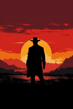 gunslinger with cowboy hat and coat in western environment background, minimalism, dark sunset. generative AI