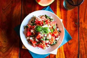 Tasty summer salad with watermelon and feta cheese