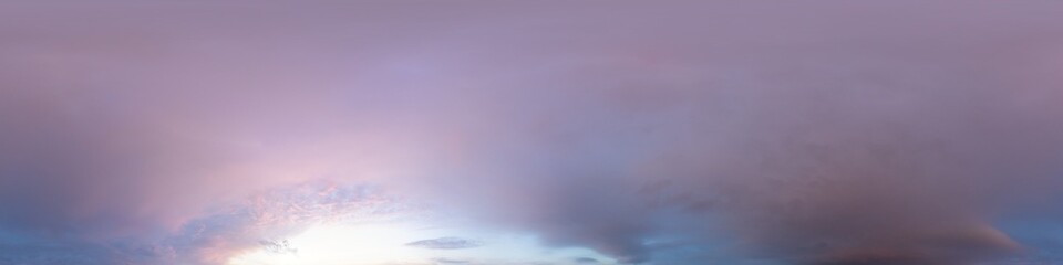 Obraz premium Sunset sky panorama with bright glowing pink Cumulus clouds. HDR 360 seamless spherical panorama. Full zenith or sky dome for 3D visualization, sky replacement for aerial drone panoramas.