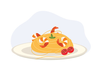 Seafood. Pasta with shrimps. Italian pasta with shrimps and tomatoes. Spaghetti meal. Flat vectot cartoon illustration