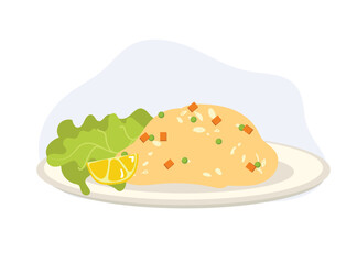 Fried rice in plate. Asian egg fried rice. food. Flat vector cartoon illustration