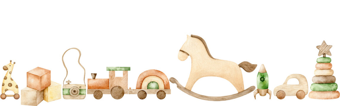 Seamless border of childrens wooden toys, newborn teething toys, rocking horse, pyramid, train, car, rocket, cubes and giraffe on wheels. Watercolor Eco baby toys. Nursery decor. Hand drawn