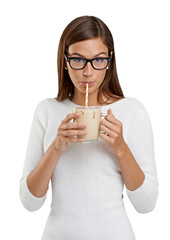 Ice coffee, milkshake and portrait of woman with drink on isolated, png and transparent background. Thirsty, glass and female person drinking beverage with straw for caffeine, espresso or iced tea