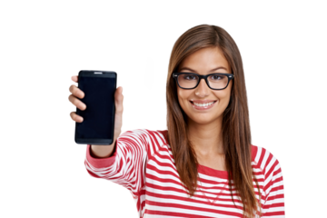 Happy woman, portrait and phone screen isolated on transparent png background for student mobile app space. University, college or education person with smartphone marketing, Web 3.0 and contact info