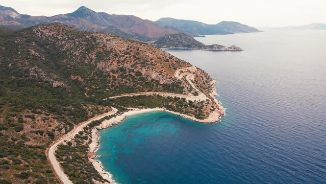 Aerial view of sea shore of Datca peninsula in Turkey at cloudy day