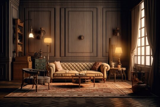 Mockup of a living room with vintage furniture surrounded by old wooden wall, in the style of neoclassical clarity, dark beige and amber, flattering lighting, meticulously, 19th century. Generative AI