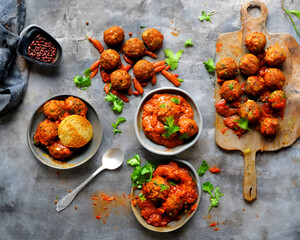 Vegan meatballs, made with mushrooms, oats and black beans and topped with a delicious tomato sauce. Generative AI