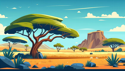 African savannah landscape, wildlife, cartoon background with surrounding trees, rocks and hidden...