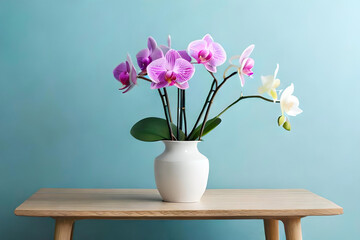 Orchid arrangement in a vase on a light blue background
