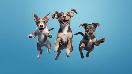 Three cheerful happy dogs in a jump, isolated on a blue banner, copy space