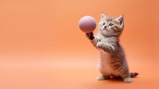 A small kitten stands on its hind legs and plays with a pink ball, isolated on an orange banner, copy space, AI-generated