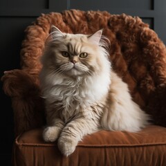 Fluffy Selkirk Rex Cat on Cushioned Chair