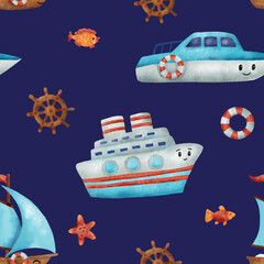 Seamless pattern with sailboat, liner ship and speed yacht. Hand drawn illustration.