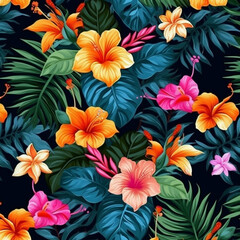Fototapeta na wymiar Tropical pattern floral seamless background with exotic flowers, orchid flower, hibiscus, jungle leaves, palm tree, plumeria