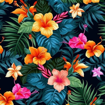 Tropical pattern floral seamless background with exotic flowers, orchid flower, hibiscus, jungle leaves, palm tree, plumeria