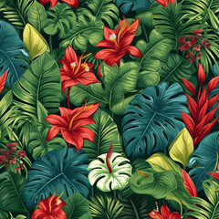 Stock Illustration ID: 2209185957

Tropical floral seamless pattern with exotic flowers, paradise flower, jungle leaves, palm. Artistic background