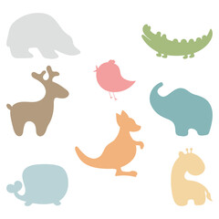 Cartoon animal silhouettes flat icons set. Abstract design of mammals. Shapes of polar bear, crocodile, elephant, kangaroo, deer, bird, whale. Vector illustration for designs, prints, patterns.
