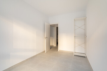 Narrow empty room with a closet and a door overlooking the corridor and other rooms. Concept of the apartment after the delivery of a new building or renovation. Copyspace
