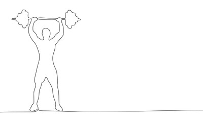 Continuous line drawing of man with barbell. Vector illustration as line art outline wallpaper for minimal poster, template, banner