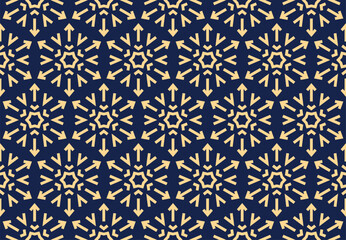 Abstract geometric pattern with lines, snowflakes. A seamless vector background. Gold and dark blue texture. Graphic modern pattern