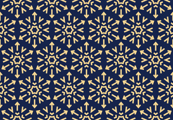 Abstract geometric pattern with lines, snowflakes. A seamless vector background. Gold and dark blue texture. Graphic modern pattern