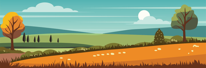 Obraz premium Flat Autumn landscape. Vector countryside illustratiom with woods, herbs and road