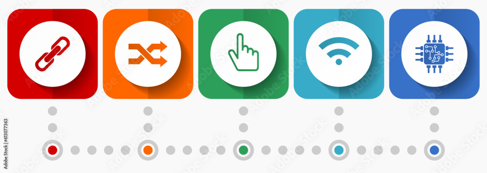 Poster Web and internet vector icons, miscellaneous square icon set such as chain, arrows, finger, signal and chip for webdesign and mobile applications, flat design infographic template in eps 10