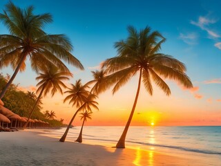Obraz na płótnie Canvas palm trees on the beach sunset generated Ai