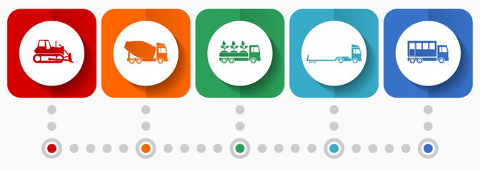 Transport vector icons, miscellaneous square icon set such as bulldozer, concrete mixer, truck and delivery for webdesign and mobile applications, flat design infographic template in eps 10