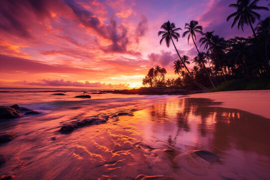 Sunrise on tropical beach with pink sky. Generative AI.