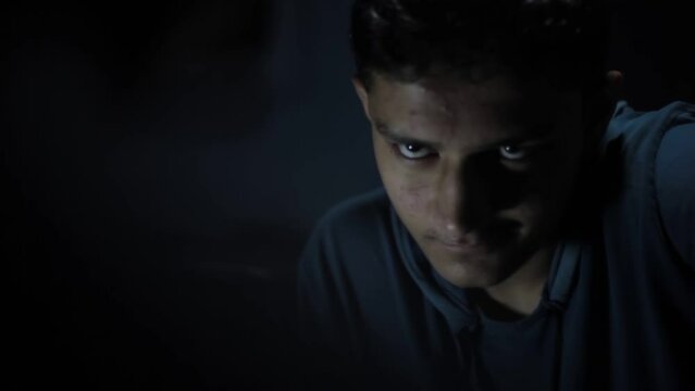 Intense shot of the victim and gangster facing each other in a mysterious room with dark lights HD footage in 24FPS.