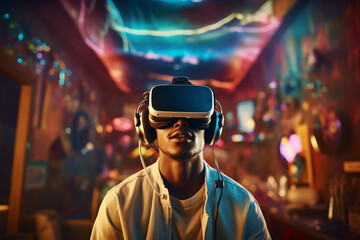 One man wearing a VR headset on a colorful futuristic background