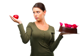 Cake, apple and confused with woman and diet on transparent background for health, nutrition and...