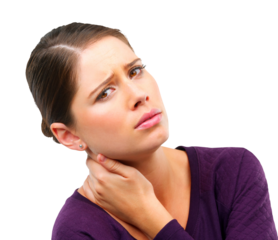 Woman in portrait, neck pain and injury with medical problem, face and sad isolated on transparent png background. Anatomy, health emergency and crisis, female person with joint ache and inflammation