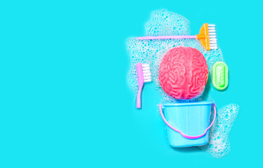 Brain Spring Cleaning: Human Brain Model in Foam with Household Cleaning Tools