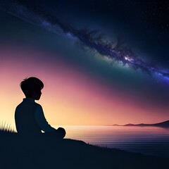 illustration of a boy looking at the night starry sky. Generative AI