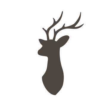Head of reindeer. Black silhouette mammal animal with antlers on white background. Vector flat illustration.