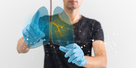 Creative image of medical worker with glowing interface of lungs and virus on blurry background. Medicine, healthcare and pandemic concept. Double exposure