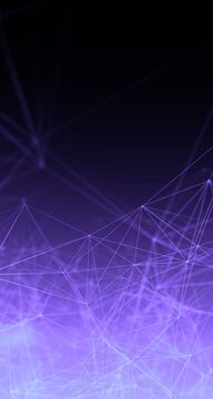 Purple blue gradient vertical web banner background. Fantasy abstract technology, engineering and science wallpaper with particles and plexus connected lines. Wireframe 3D illustration and copy space