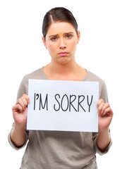 Sign, sorry and portrait of sad woman with paper, board or poster with apology on transparent,...