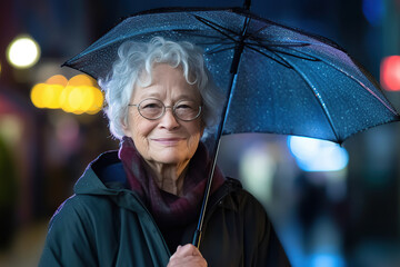 Older lady with gray hair holding umbrella. Generative AI, Generative AI