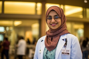Female muslim doctor standing at hospital. Generative AI, Generative AI
