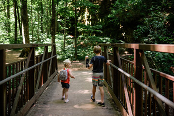 Kids walking across bridge on hike in forest during summer