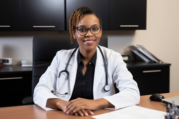 Portrait of female african doctor at her desk. Generative AI., Generative AI