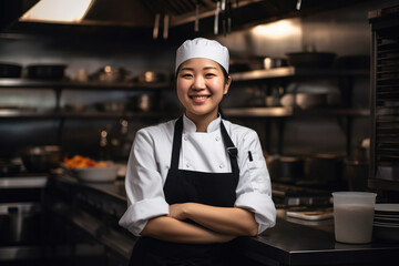 Portrait of asian female chef at restaurant kitchen. Generative AI., Generative AI