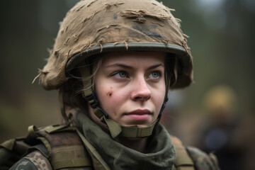 Caucasian female soldier at the battlefield. Generative AI., Generative AI
