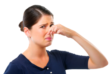 Holding nose, disgust or portrait of woman bad smell or odor isolated on transparent png background. Face, bad breath or girl with gross, smelly or disgusted expression for stink, scent or aroma