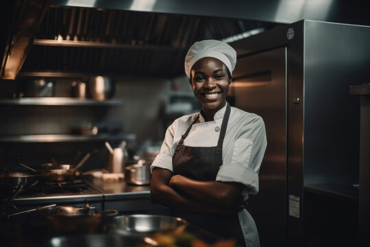 Portrait of african female chef at restaurant kitchen. Generative AI., Generative AI