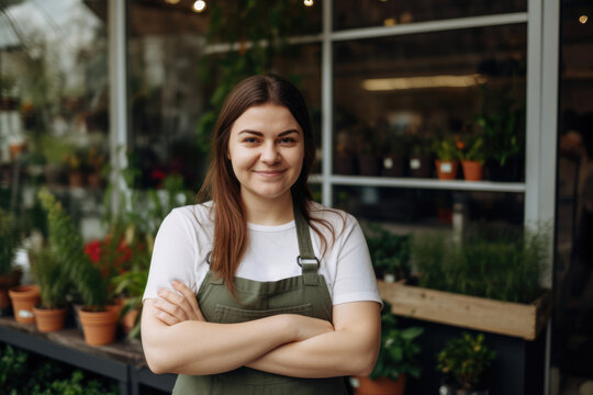 Portrait of happy caucasian florist at flower shop. Generative AI., Generative AI