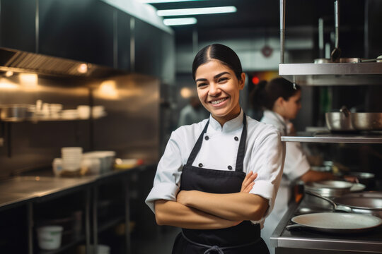 Portrait of latin female chef at restaurant kitchen. Generative AI., Generative AI